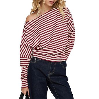 Women Striped Sweatshirt Asymmetric Neck Long Sleeve Color Block Pullover Casual Loose Workout Tops
