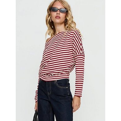 Women Striped Sweatshirt Asymmetric Neck Long Sleeve Color Block Pullover Casual Loose Workout Tops