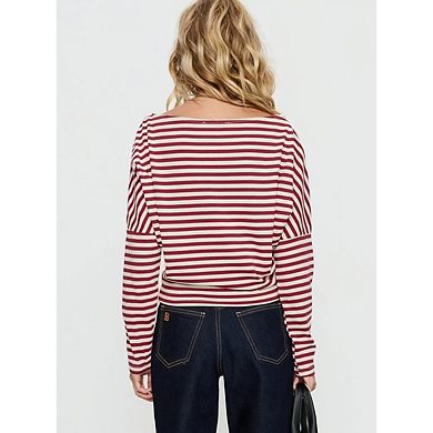 Women Striped Sweatshirt Asymmetric Neck Long Sleeve Color Block Pullover Casual Loose Workout Tops