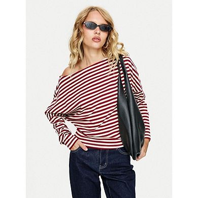 Women Striped Sweatshirt Asymmetric Neck Long Sleeve Color Block Pullover Casual Loose Workout Tops