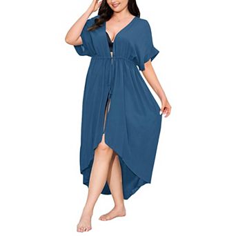 Zeagoo Women's Plus Size Striped Tie Front Kimono Bikini Cover Up Beachwear
