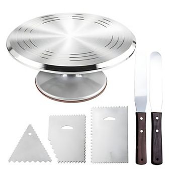 12" Aluminum Alloy Revolving Cake Decorating Turntable Stand Set with Cake Icing Smoothers & Scraper