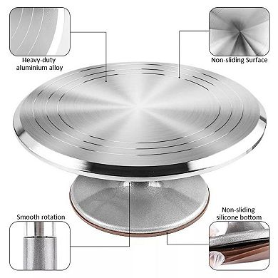 12" Aluminum Alloy Revolving Cake Decorating Turntable Stand Set with Cake Icing Smoothers & Scraper