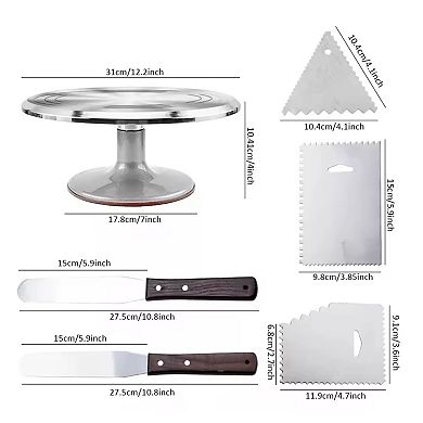 12" Aluminum Alloy Revolving Cake Decorating Turntable Stand Set with Cake Icing Smoothers & Scraper