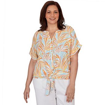 Hearts of Palm Plus Size Fun In The Sun Printed Eyelet Gauze T Sleeve Blouson With Tie Front