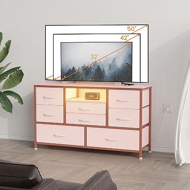 8-Drawer Wood Top TV Stand Console Table with Power Outlets for Living Room Bedroom
