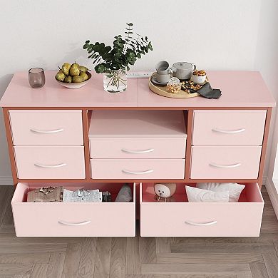 8-Drawer Wood Top TV Stand Console Table with Power Outlets for Living Room Bedroom