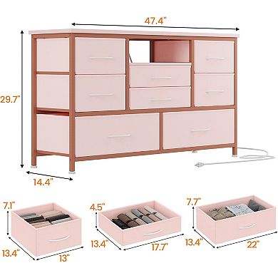 8-Drawer Wood Top TV Stand Console Table with Power Outlets for Living Room Bedroom