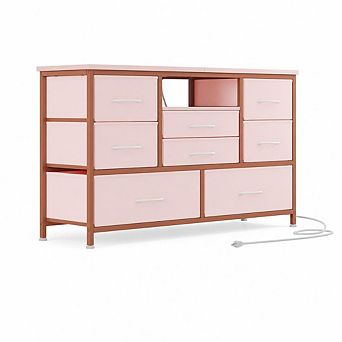 8-Drawer Wood Top TV Stand Console Table with Power Outlets for Living Room Bedroom