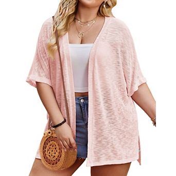 Women's Plus Size Lightweight Knit Cardigan Short Sleeve Open Front Top