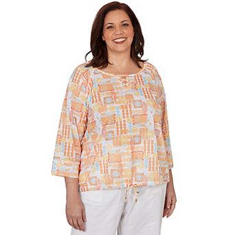 Hearts of Palm Plus Size Fun In The Sun Printed Slub Blouson With 3/4 Sleeves