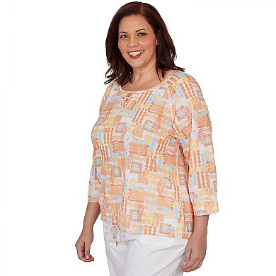 Hearts of Palm Plus Size Fun In The Sun Printed Slub Blouson With 3/4 Sleeves