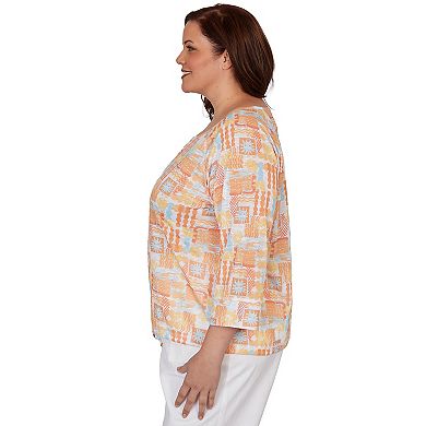 Hearts of Palm Plus Size Fun In The Sun Printed Slub Blouson With 3/4 Sleeves