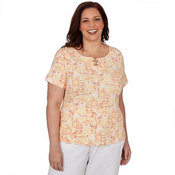 Hearts of Palm Plus Size Fun In The Sun Printed Stretch Jersey Short Sleeve Bead Neck Top
