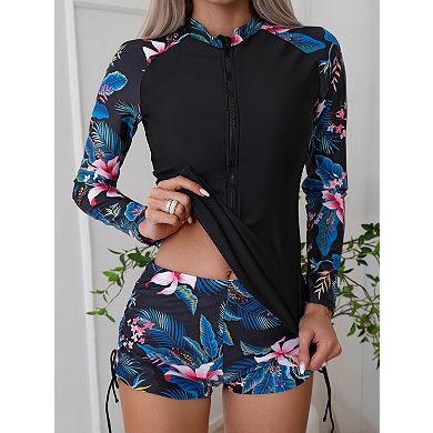 Women's Long Sleeve Rash Guard Swimsuit Set Printed Swim Top and Shorts