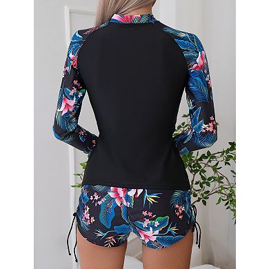 Women's Long Sleeve Rash Guard Swimsuit Set Printed Swim Top and Shorts