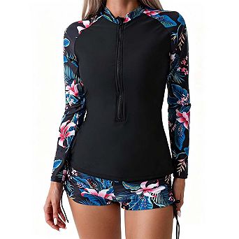 Women's Long Sleeve Rash Guard Swimsuit Set Printed Swim Top and Shorts