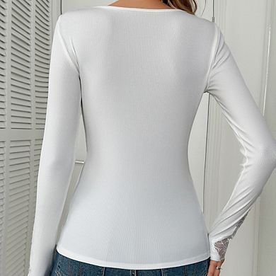 Lace Rhinestone V Neck Long Sleeve Knit Top Slim Fit Elegant Blouse
