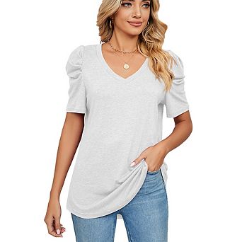 V Neck Puff Sleeve Loose T-Shirt Side Slit Casual Versatile Top