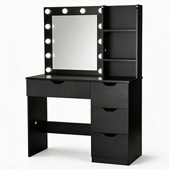 Vanity Desk with LED Mirror, 3 Light Modes, Drawers, Outlets & Shelves
