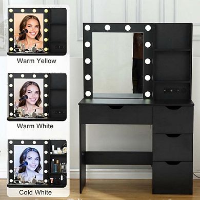 Vanity Desk with LED Mirror, 3 Light Modes, Drawers, Outlets & Shelves