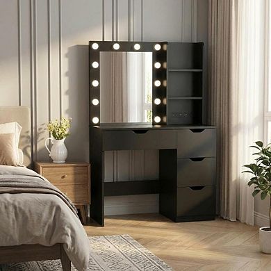 Vanity Desk with LED Mirror, 3 Light Modes, Drawers, Outlets & Shelves
