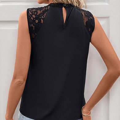 Lace Halter Sleeveless Chiffon Top Pleated Design Elegant Office Blouse