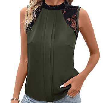 Lace Halter Sleeveless Chiffon Top Pleated Design Elegant Office Blouse