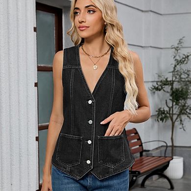 V Neck Button Down Denim Vest Pocket Decor Vintage Casual Versatile Vest