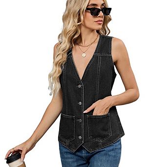 V Neck Button Down Denim Vest Pocket Decor Vintage Casual Versatile Vest