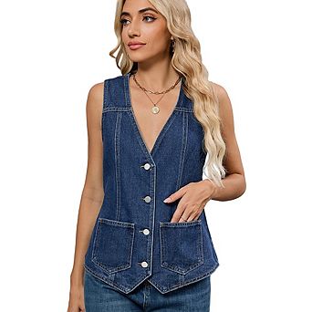 V Neck Button Down Denim Vest Pocket Decor Vintage Casual Versatile Vest