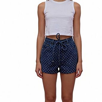 Women's Tie Waist Textured Denim Shorts, High Rise Straight Leg Casual Jean Shorts