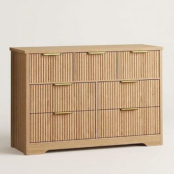 Fluted Wood Dresser with Seven Drawers and Metal Handles Storage Cabinet