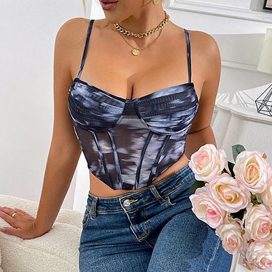 Women's Spaghetti Strap Corset Top, Printed Boned Bustier Fitted Crop Top