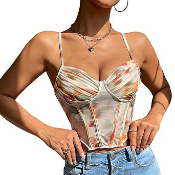 Women's Spaghetti Strap Corset Top, Printed Boned Bustier Fitted Crop Top