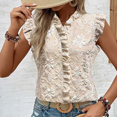 Women's Ruffled Cap Sleeve Jacquard Blouse, V Neck Sleeveless Floral Textured Top