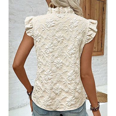 Women's Ruffled Cap Sleeve Jacquard Blouse, V Neck Sleeveless Floral Textured Top