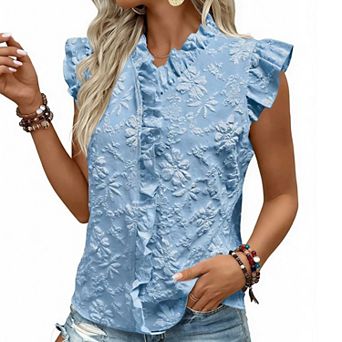 Women's Ruffled Cap Sleeve Jacquard Blouse, V Neck Sleeveless Floral Textured Top