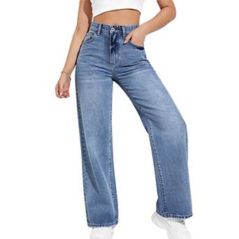 Women's Vintage Wash Straight Leg Jeans, High Rise Comfort Stretch Denim Trousers