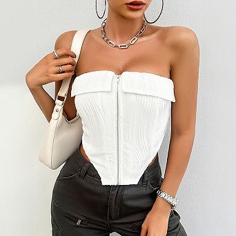 Women's Strapless Zip Front Corset Top, Textured Fitted Curved Hem Crop Top