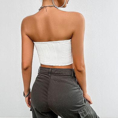 Women's Strapless Zip Front Corset Top, Textured Fitted Curved Hem Crop Top