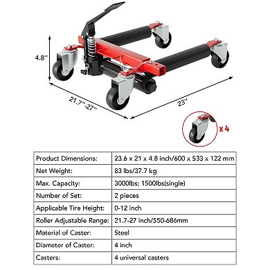 GOCAPTAIN Heavy Duty Hydraulic Car Wheel Dolly Set - 3000 lbs Capacity, 12" Wheels, Easy-Release
