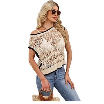 Women's Crochet Short Sleeve Off Shoulder Sweater Shirts Beach Sweater Vest