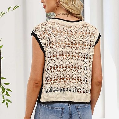 Women's Crochet Short Sleeve Off Shoulder Sweater Shirts Beach Sweater Vest