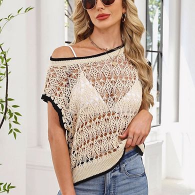 Women's Crochet Short Sleeve Off Shoulder Sweater Shirts Beach Sweater Vest