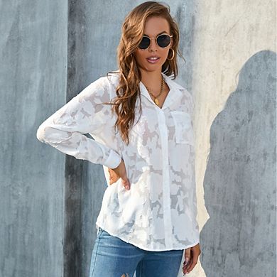 Women's Floral Jacquard Button Down Long Sleeve Shirt Sheer Pocket Blouse