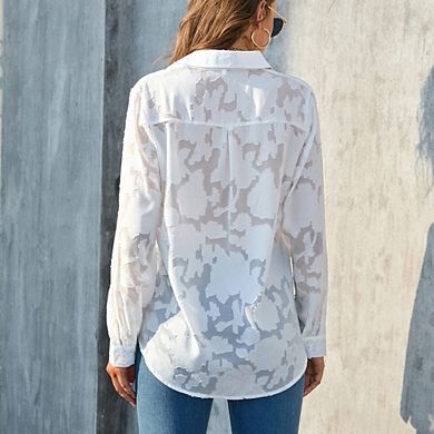 Women's Floral Jacquard Button Down Long Sleeve Shirt Sheer Pocket Blouse