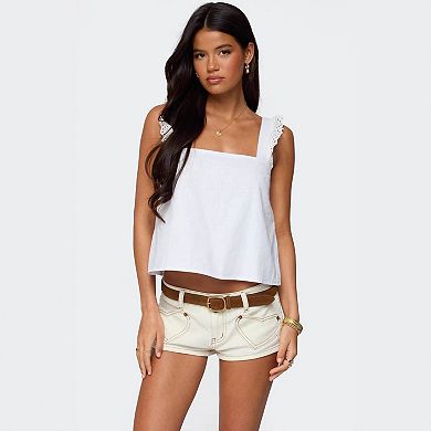 Women's Square Neck Lace Strap Tank Top, Cropped Sleeveless Casual Blouse