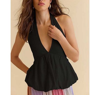 Women's Halter V Neck Bubble Hem Top, Sleeveless Flowy Casual Blouse