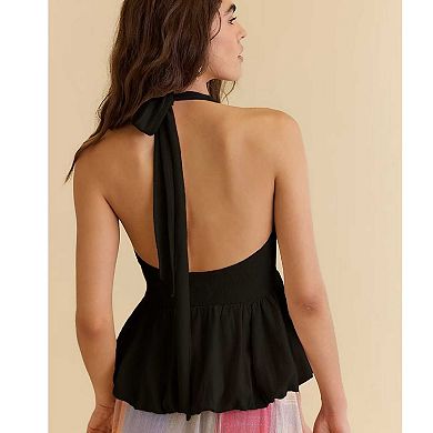 Women's Halter V Neck Bubble Hem Top, Sleeveless Flowy Casual Blouse